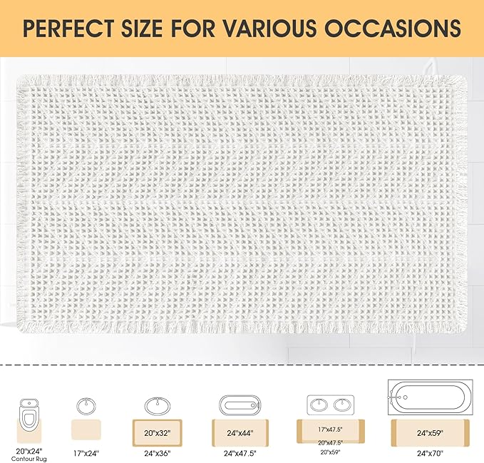 Upgrade Waffle Bath Mat, Boho Bathroom Rugs Absorbent Non Slip, Ultra Soft Bathroom Mat, Machine Washable Knit Bath Rugs with Herringbones for Bathroom, Bedroom, Kitchen, Shower, Tub, 36"x24", White