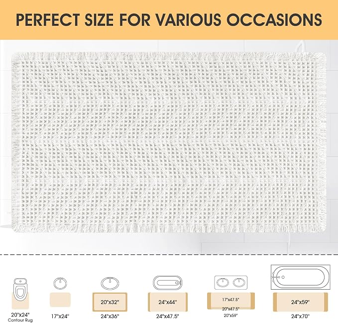 Upgrade Waffle Bath Mat, Boho Bathroom Rugs Absorbent Non Slip, Ultra Soft Bathroom Mat, Machine Washable Knit Bath Rugs with Herringbones for Bathroom, Bedroom, Kitchen, Shower, Tub, 32"x20", White