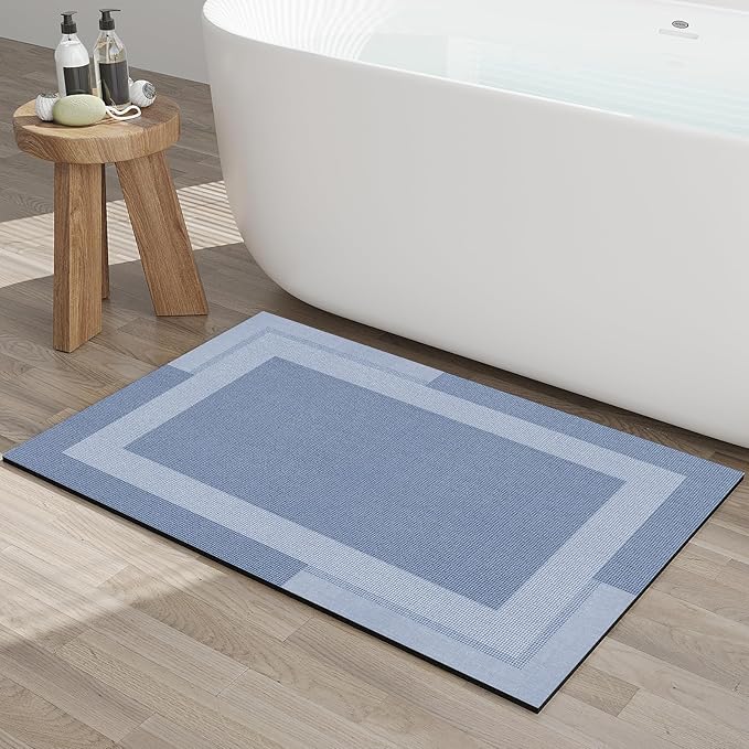 YDKGL Non Slip Bath Mat, Rubber Backing Ultra Thin Bathroom Rugs Fit Under Door Quick Dry Super Absorbent Washable Bath Rug Shower Mat for Bathroom Floor Bathtub Shower Sink, Easy Care Blue 24"x 35"