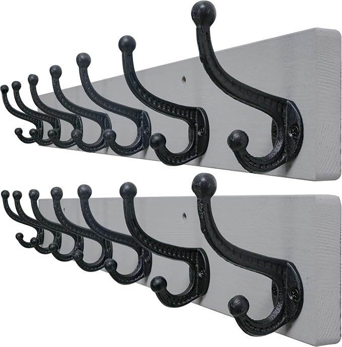 WEBI Rustic Coat Rack Wall Mount,30" Long 7 Cast Iron Coat Hooks Wall Mounted,Heavy Duty Wood Wall Coat Hanger Hooks for Hanging Coats,Jacket,Clothes,Backpack,Farmhouse,Gray,2 Packs