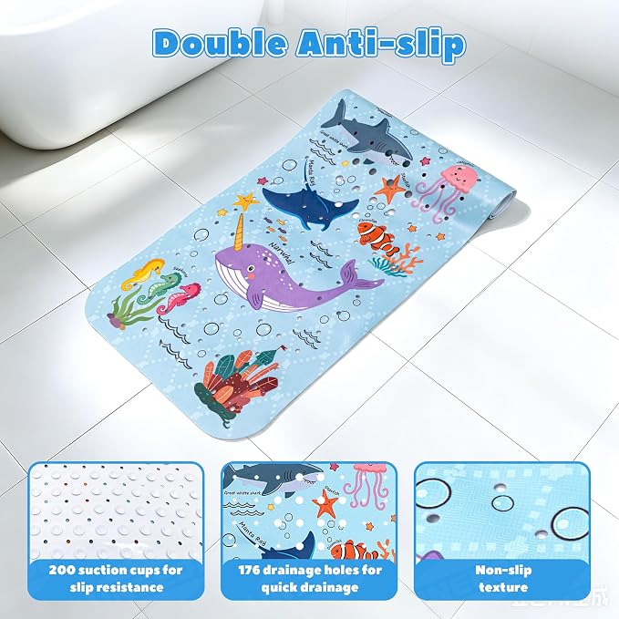 UNEEDE Baby Bathtub Mat Non Slip with 200 Suction Cups & 176 Drain Holes, 40''x16'' Quick Dry Bath Mat, Machine Washable Shower Mat for Toddlers & Kids, Ocean Pattern