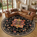 RELEANY Area Rugs Round 10ft Washable Non-Slip, Floral Vintage Distress Medallion Carpet for Living Room Bedroom Dining Room, Black Colorful Floral Dark Tan