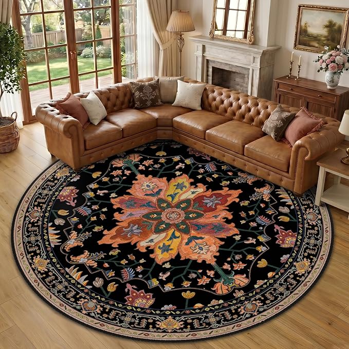 RELEANY Area Rugs Round 10ft Washable Non-Slip, Floral Vintage Distress Medallion Carpet for Living Room Bedroom Dining Room, Black Colorful Floral Dark Tan
