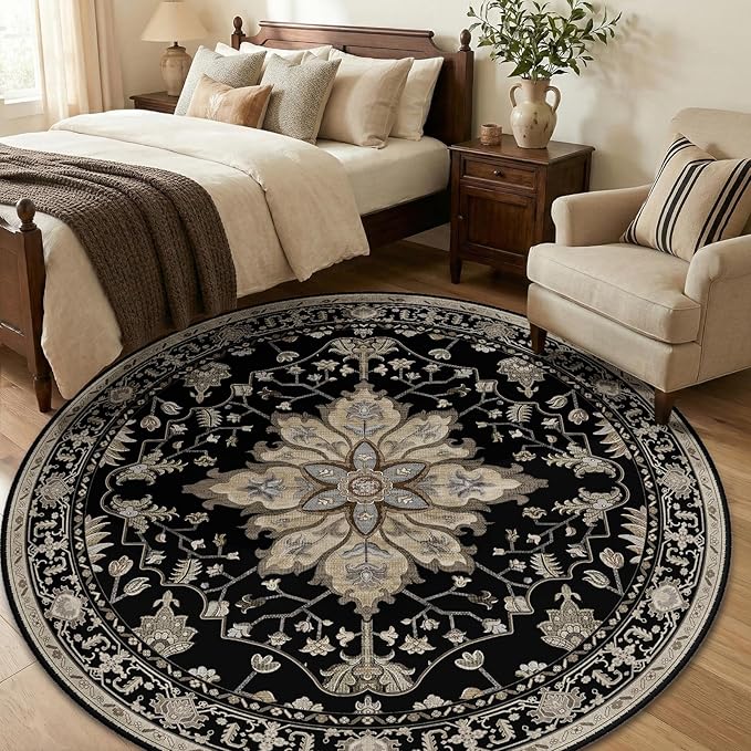 RELEANY Area Rugs Round 6ft Washable Non-Slip, Floral Vintage Distress Medallion Carpet for Living Room Bedroom Dining Room, Black Brown Neutral Dark Tan