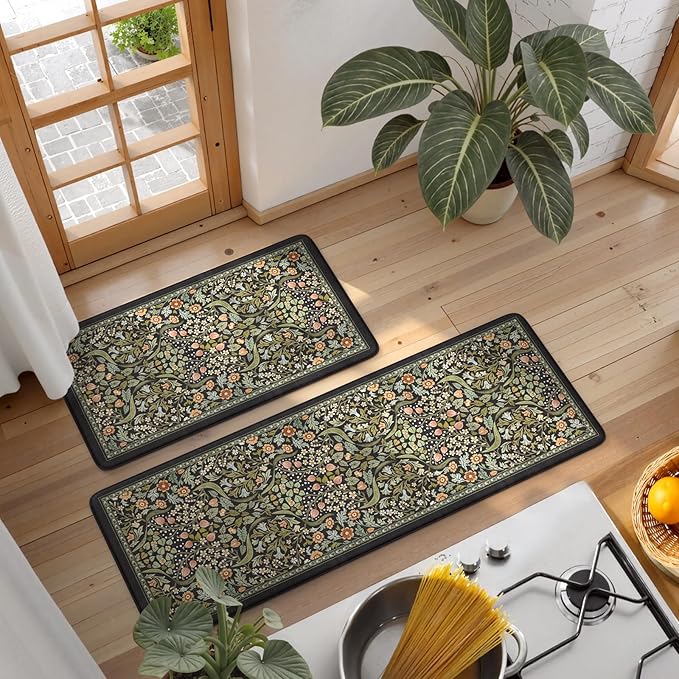 Collive Kitchen Mats for Floor 2PCS, Cushioned Anti Fatigue Mat Non Slip Waterproof Kitchen Sink Rugs, Washable Vintage Spring Floral Rug Comfort Standing Mat for Laundry, Desk, Bar, Office, Black