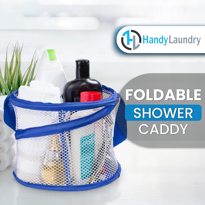 Handy Laundry Foldable Shower Caddy - Collapsible, Portable, Drainage Hole, Carry Handle, Large Compartments. Great Organizer for Camp, Travel, Gym, and Dorm (Blue)