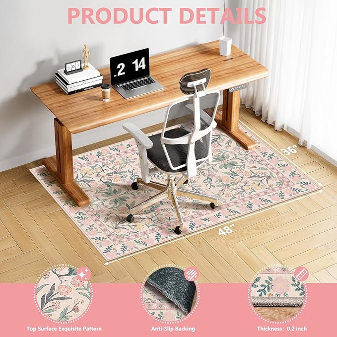 Office Chair Mat for Hardwood Floor & Tile Floor,36"x48" Heavy Duty Desk Chair Mat for Hard Floors, Under Desk Rug for Rolling Computer Chair,Anti Slip,Low Pile Carpet Floor-Pink Flowers