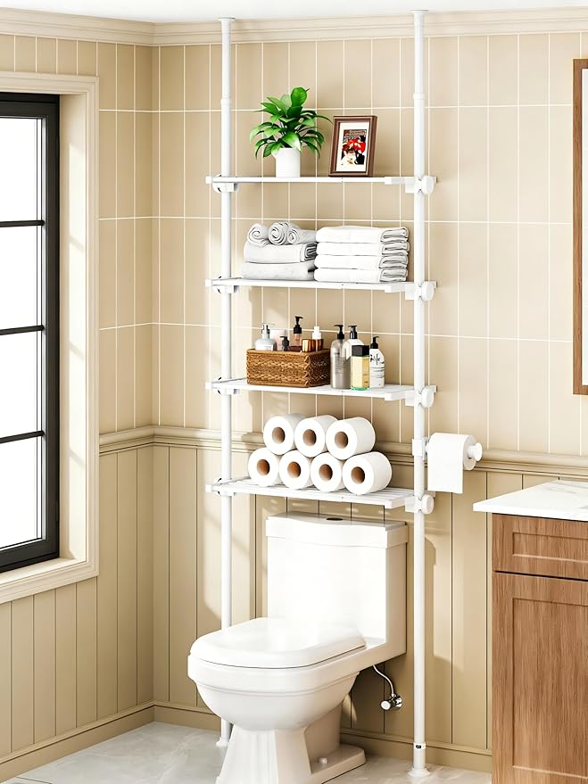 ALLZONE Adjustable Over The Toilet Storage Shelf, 4-Tier Ample Bathroom Organizer and Storage, Tension Mounted Above Toilet Storages Cabinet for Versatility, Fits 66-113 Inch Heights, White