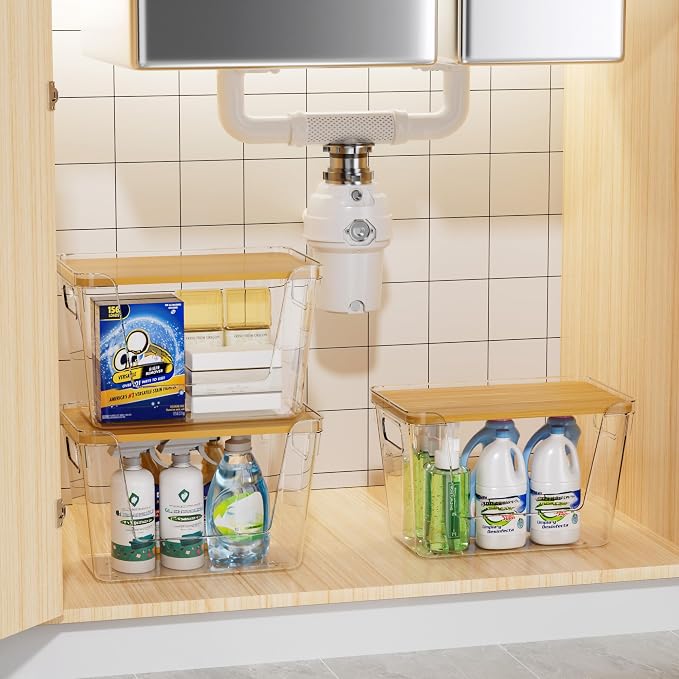 Delamu Acrylic Trash Bag Holder, 3 Pack Stackable Garbage Holder for 4-33 Gallon Bags, Clear Organizer Bins for Under Sink Organization, Pantry Storage, Cabinet, Kitchen, Laundry, Bathroom