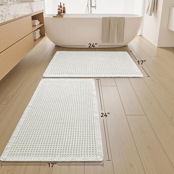Upgraded Waffle Bath Mats Set of 2, Super Absorbent Non Slip Bath Mats for Bathroom Floor, Washable Boho Bathroom Rugs Set 2 Piece with Tassels, Soft Bathroom Mat Set, 17" x 24" (2 Pack), White
