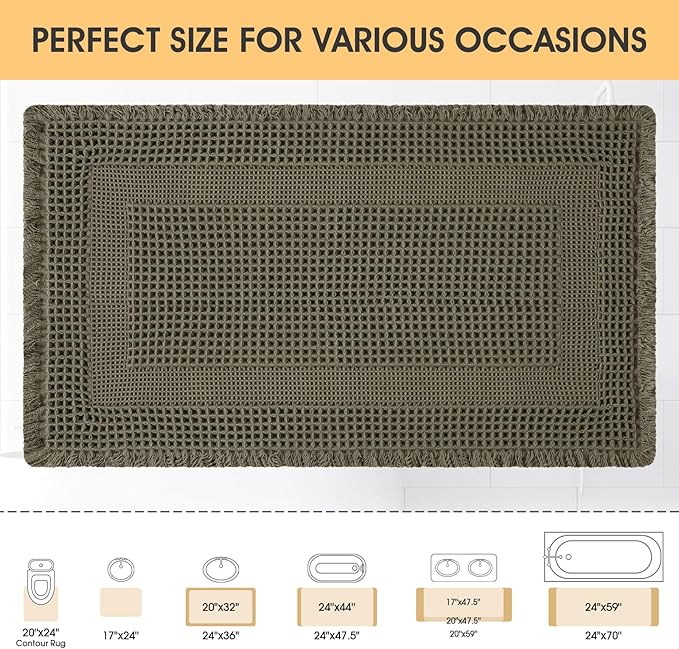 Upgrade Waffle Bath Mat, Greyish Green 32"x20", Boho Bathroom Rugs Absorbent Non Slip, Ultra Soft Bathroom Mat, Machine Washable Knit Bath Rugs with Tassels for Bathroom, Bedroom, Kitchen, Shower