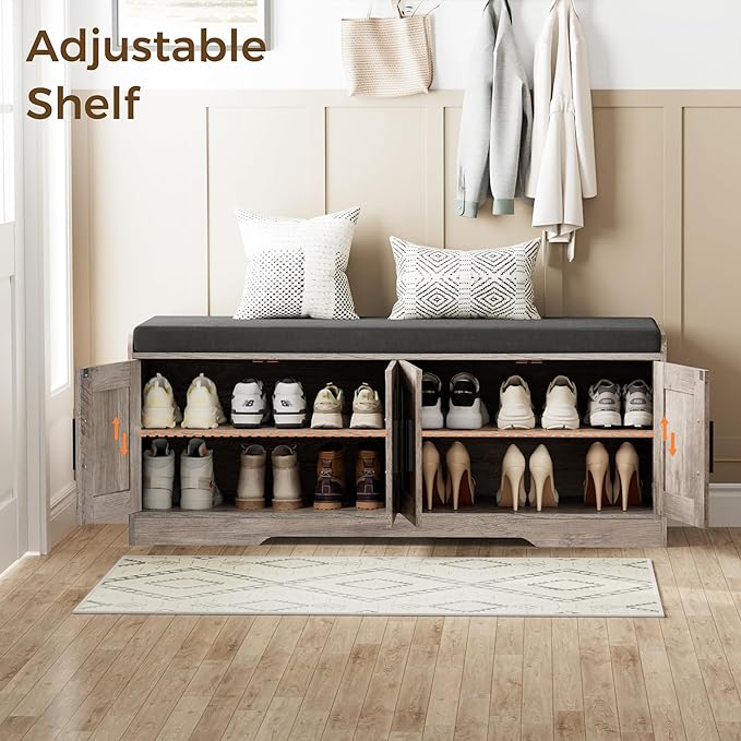 Homleke 2-Tier Storage Bench, Shoe Bench with Thickened Padded Seat Cushion, Entryway Bench with 4 Doors, Adjustable Shelf, 13.8" D x 45.3" W x 18.5" H, for Entryway, Living Room, Bedroom, Greige