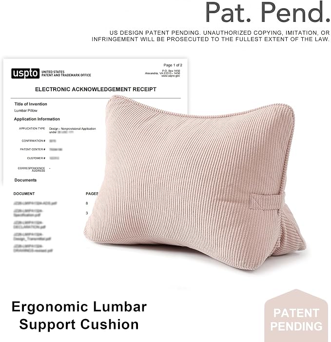 Pat. Pend. Corduroy Back Support Pillow for Sitting, Ideal for Expecting Moms, Low Back Cushion for Bed Sitting, Reading & Relaxing, Ergonomic Triangle Backrest, Washable Cover, Pink