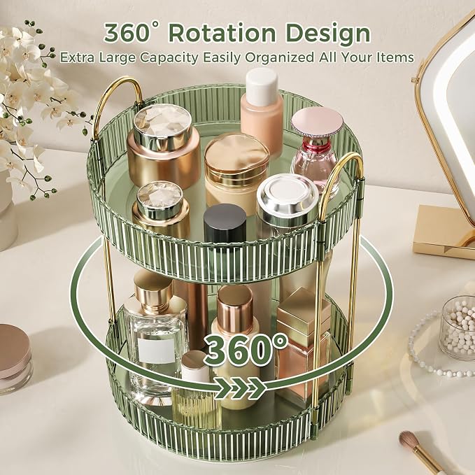 360° Rotating Makeup Organizer, Large Capacity Skincare Organizer, 2 Tier Cosmetic Skin Care Perfume Dresser Organizer, Fits Cosmetics, Perfume, Skin Care, Lipstick