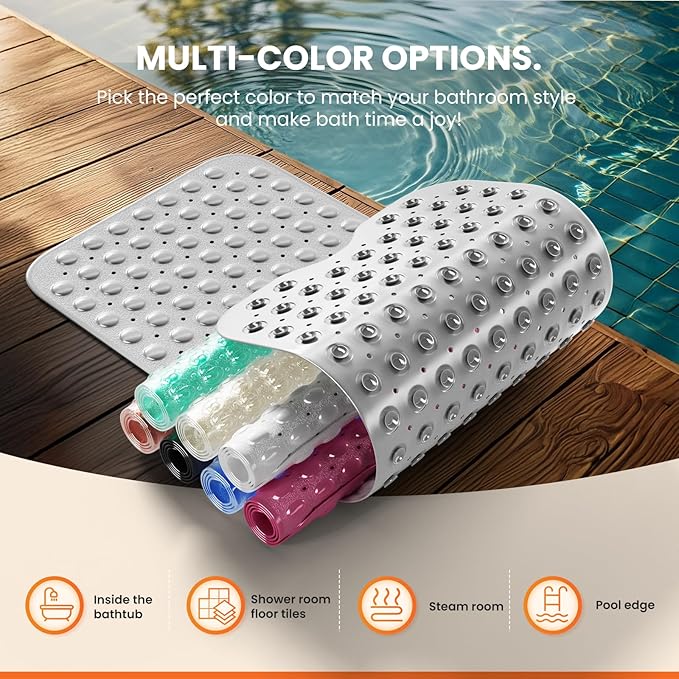 Non-Slip Bath Tub Mat, 39x16 Inch Extra Large Shower Mat with Drain Holes & Suction Cups, Machine Washable, Clear Green