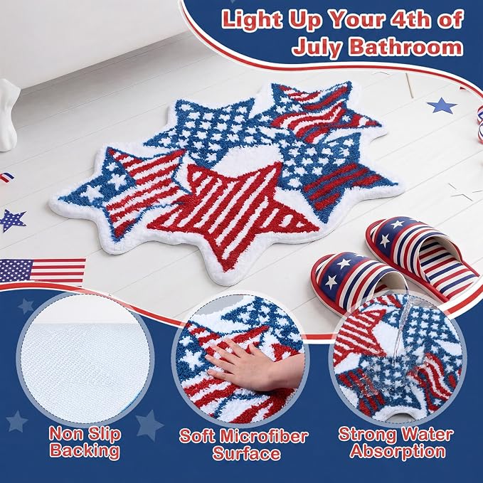 Capoda 1 Pcs Patriotic Bathroom Rug 24 x 35 Inch 4th of July Star Bath Mat Non-Slip Soft Microfiber Independence Day Rug for 4th of July Kitchen Home Bathroom Entrance Decor(Strip Star, Red Blue)