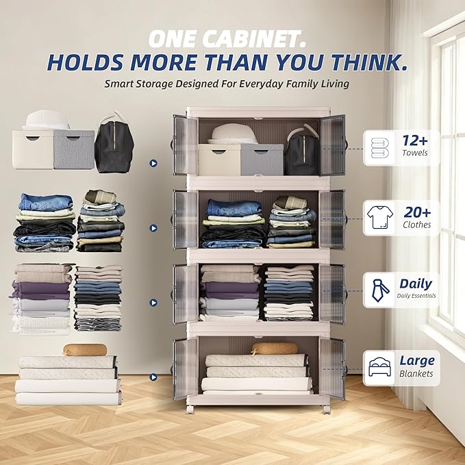 SAILUN 116Gal/464Qt Stackable Storage Bins Folding Collapsible Storage Bins with a Lid, Closet Organizers and Storage,Blush White 26" W x 17" D x 56.7" H