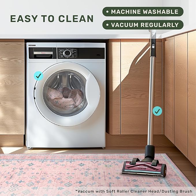 Hazo Haus Nursery Area Rug 4x6 - Pink Rugs for Girls Bedroom, Living Room - Washable Low Pile Non-Slip Charming Boho Vintage Traditional Oushak Design, Perfect for Kids Rooms