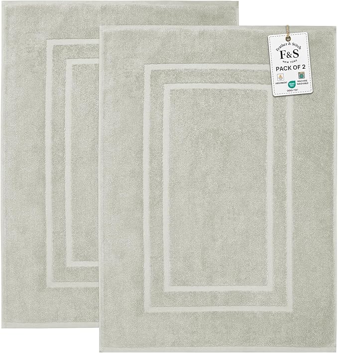 Feather & Stitch 2 Piece Towel Like Bath Mats (30x21 Inch) 100% Cotton Terry Bath Mats, Bathroom Shower Floor Mats [NOT A Bathroom Rug], Soft Absorbent Washable Mats - Silver Birch
