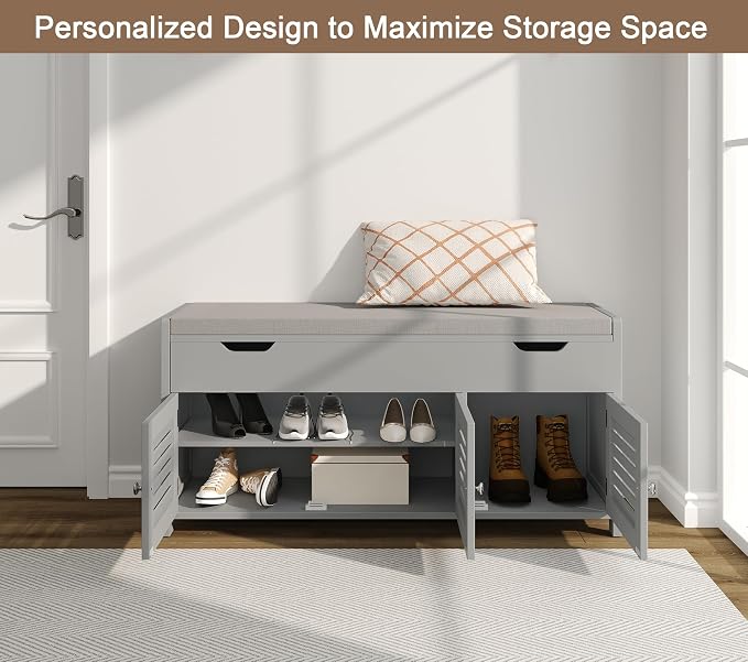 ChooChoo 41.3" Shoe Storage Bench with Lift Top Storage, Entryway Bench with Cushioned Seat, Adjustable Shelf, Shoe Cabinet with Hidden Space, for Entryway, Bedroom, Living Room, Grey