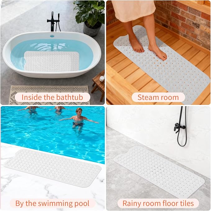 Anti-Slip Bathtub Shower mat, 40×16 inch（ 100 × 40cm） Soft Oversized Machine Washable Non-Slip Bathtub mat with Drainage Holes, Bathroom Floor Suction Cup.（1-Opaque White）