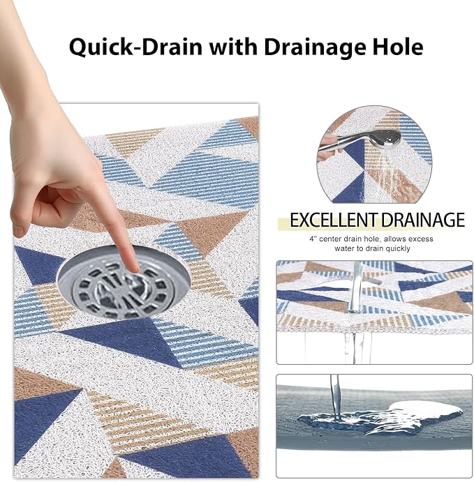 Square Shower Mat, Yonala 27 x 27 Inch Stylish Non Slip Shower Mats for Inside Shower with Central Drain Hole, Soft Trimmable PVC Loofah Anti Slip Shower Mat for Walk in Shower Stall, Quick Drying