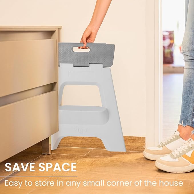 Vigar Compact Folding Step Stool - 16 Inch 2 Step Foldable Step Stool for Adults, Lightweight Portable Stool with Handle, Non Slip Step Stool, Space-Saving Stool up to 330 lb - Gray