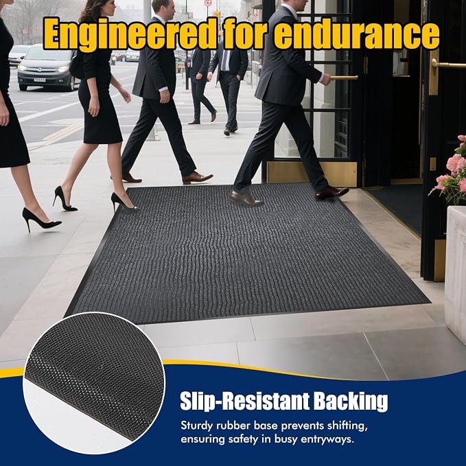 Extra Large Indoor/Outdoor Entrance Mat - 4 x 15 Feet, Rubber Border Door Mat Heavy Duty, Waterproof, Low-Profile, Easy to Clean, Rubber Entry Mat, Commercial Floor Mat, Charcoal Grey