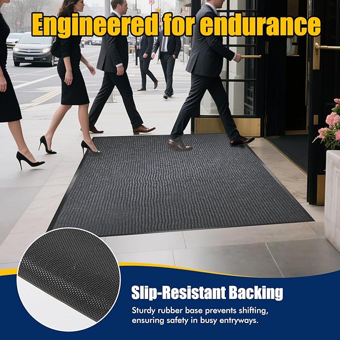 Extra Large Indoor/Outdoor Entrance Mat - 4 x 10 Feet, Rubber Border Door Mat Heavy Duty, Waterproof, Low-Profile, Easy to Clean, Rubber Entry Mat, Commercial Floor Mat, Charcoal Grey