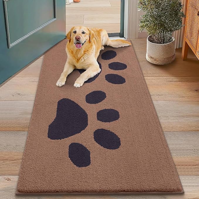 Smiry Dog Door Mat for Muddy Paws, Absorbs Moisture and Dirt, Low-Profile Entryway Mat with Non-Slip Backing, Entry Indoor Outdoor Doormat for Inside Floor (48x30 Inches, Camel and Black, Paw
