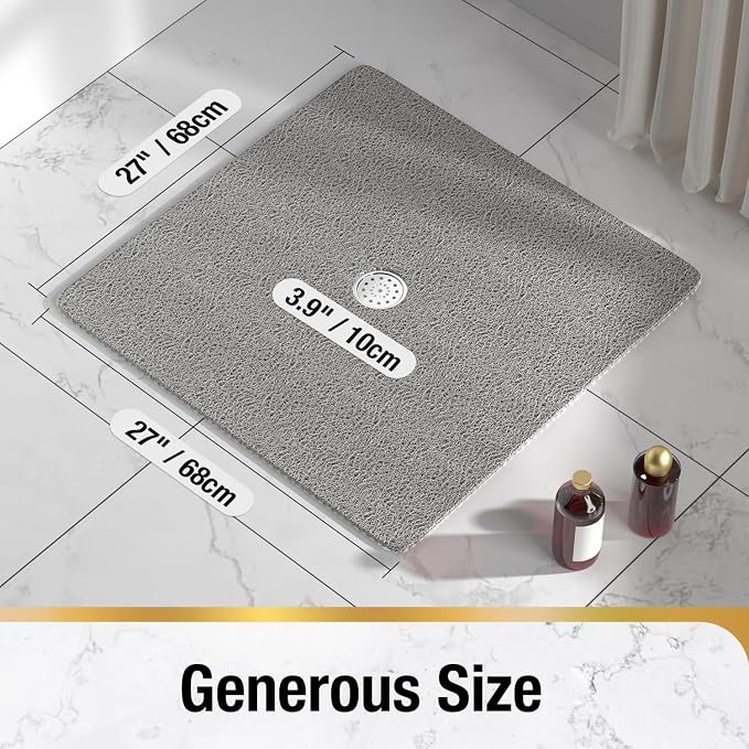 HITSLAM Square Shower Mat, 27 x 27 Inch Non Slip Bath Mat for Tub, Soft PVC Loofah Bathtub Mats with Drain Holes, Quick Drying Bathroom Stall Floor Mat, Bathroom Accessories Without Suction Cup, Grey