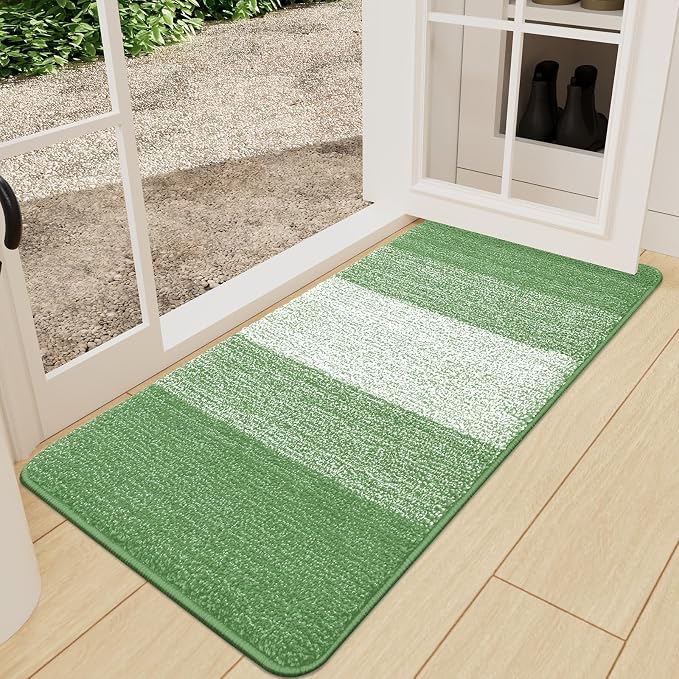 Kitinjoy Indoor Outdoor Door Mat, 47x24 Non-Slip Absorbent Dirt Trapper, Low-Profile Washable Inside Entrance Front Floor Mat, Sturdy Soft Entry Doormats for Entryway, Sage Green