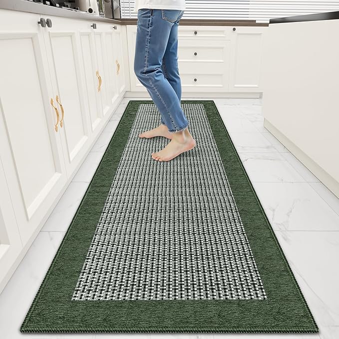 StepRite Kitchen Rugs, Kitchen Mats for Floor, 70"x20" Non-Slip Machine-Washable Kitchen Throw Rug, Green
