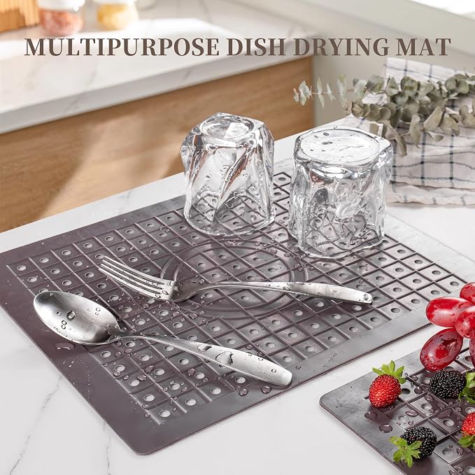 WILLKOMMEN Kitchen Sink Mat, 12" x 10" Rectangular Sink Protector Pad, Fast-Draining Grid Design Liner, Dish Drying Mat 2 Pack Coffee
