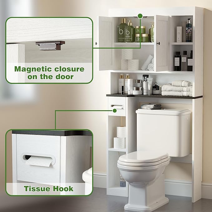Over The Toilet Storage Cabinet with 7 Shelves, Imitation Walnut Grain Above Toilet Bathroom Organizer with Toilet Paper Holder Stand, Space Saver for Restroom, Laundry, Bathroom (White)