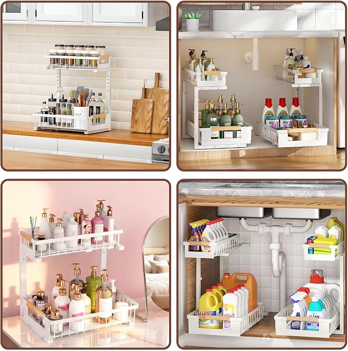 2 Pack Under Sink Organizer, 2 Tier Pull Out Cabinet Organizer with 5-Level Adjustable Height, Sliding Metal Storage Rack for Kitchen Bathroom Pantry, White