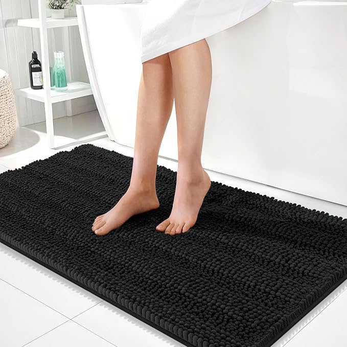 OLANLY Thick Bathroom Runner Rugs 44x24, Extra Absorbent Chenille Striped Bath Rugs, Rubber Backing, Machine Wash Dry, Long Bath Mats for Bathroom Floor, Tub and Shower, Home Decor Accessories, Black