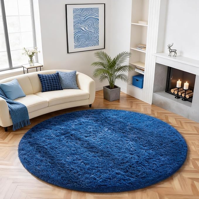 Ophanie Round Rug 6Ft Blue Circle Area Rug, Boys Room Decor, Fluffy Fuzzy Bedroom Carpet, Plush Soft Shaggy Living Room Rugs for Kids Home Aesthetic, Nursery