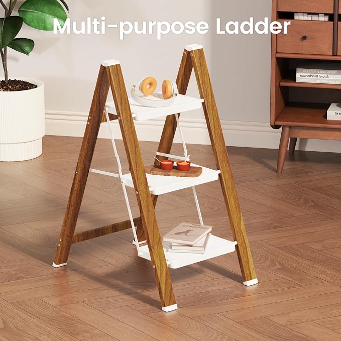 HBTower Step Ladder,Lightweight Aluminum Folding Step Stool with Anti-Slip Wide Pedal,330lbs Capacity Step Ladder for Household,Kitchen,Office - WhiteWoodgrain