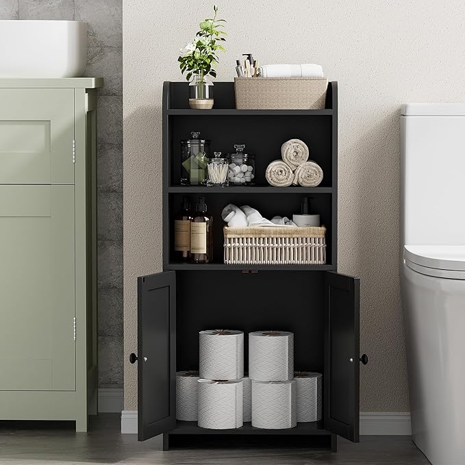 Homhedy Small Bathroom Storage Cabinet, Freestanding Toilet Paper Storage with 2 Doors and Shelves, Bathroom Organizers and Storage for Small Spaces, Laundry Room, 7.9" D x 14.6" W x 31" H, Black