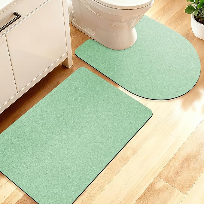 ACCUMTEK Non Slip Bath Mat, Thin Bathroom Rugs Fit Under Door, Quick Dry Bath Mats, Machine Washable Bath Rugs for Bathroom, Bathtub & Kitchen, Bathtub, Sage Green/Solid/2 Piece