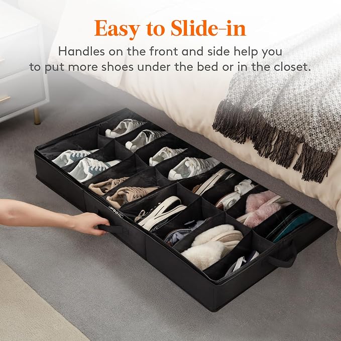 Lifewit Under Bed Shoe Storage Organizer 4 Pack(16 Shoes Cells), 4.3 Inches Profile Fabric Shoes Container Box with Clear Cover, Foldable Storage Bag with 2 Handles, Fits 32 to 64 Pairs