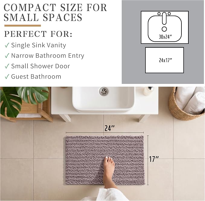 Yimobra Bathroom Rugs Non Slip Washable - Ultra Soft Absorbent Chenille Bath Mat, Quick Dry Shaggy Floor Carpet for Tub Shower, Mauve Home Decor Accessories, 24x17 Inch