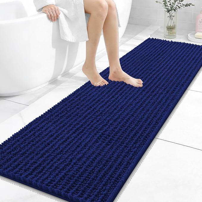 OLANLY Long Bathroom Rugs Runner 59x20, Thick Soft and Absorbent Chenille Bath Mat, Non-Slip, Machine Washable Quick Dry Bath Rugs for Tub Shower Floor, Home Decor Accessories, Navy Blue