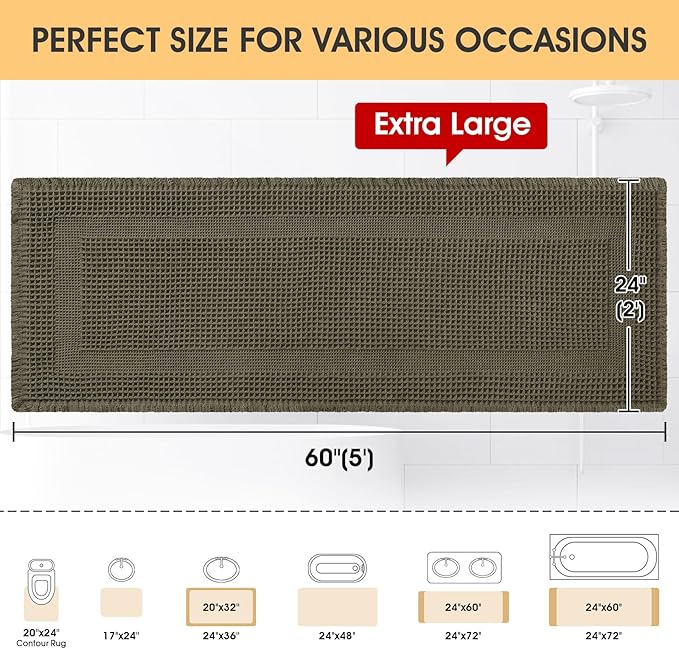 IM HOME Extra Large Waffle Bath Mat, Greyish Green 5'x2', Boho Bathroom Rugs Absorbent Non Slip, Ultra Soft Bathroom Mat, Machine Washable Knit Bath Rugs with Tassels for Bathroom, Kitchen, Tub