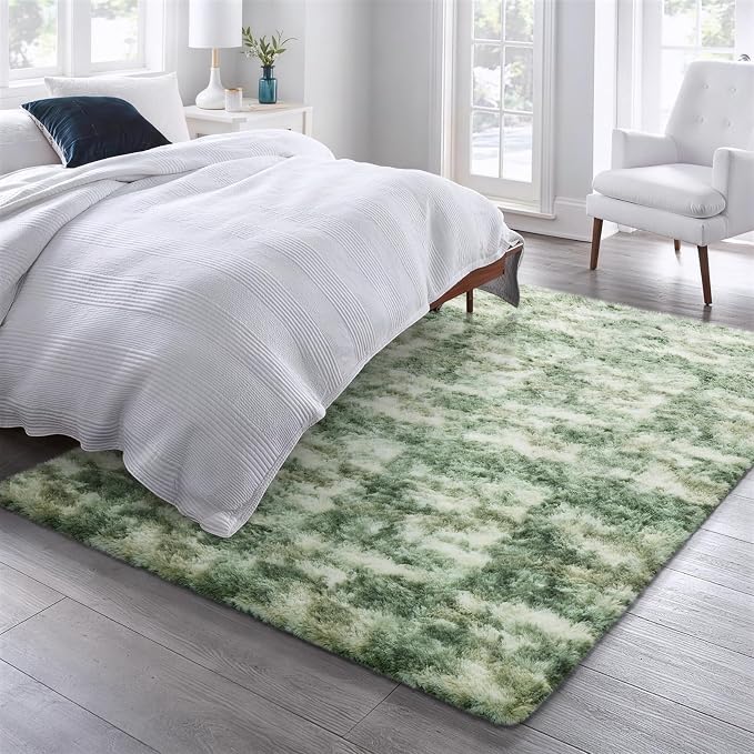 Ophanie 6x9 Green and White Area Rugs for Living Room, Large Sage Green Fluffy Shag Fuzzy Plush Soft Carpets, Floor Shaggy Rugs for Bedroom, Carpet for Kids Girls Dorm Nursery Home Decor Aesthetic