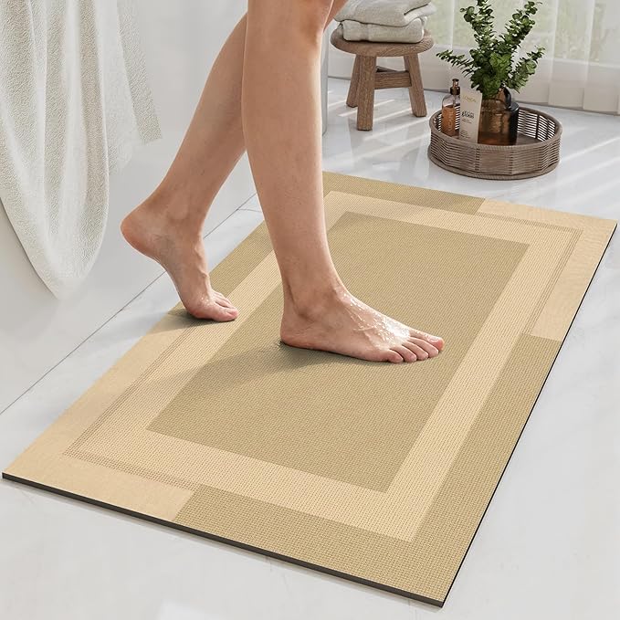YDKGL Non Slip Bath Mat, Rubber Backing Ultra Thin Bathroom Rugs Fit Under Door Quick Dry Super Absorbent Washable Bath Rug Shower Mat for Bathroom Floor Bathtub Shower Sink, Easy Care Brown 16"x 24"