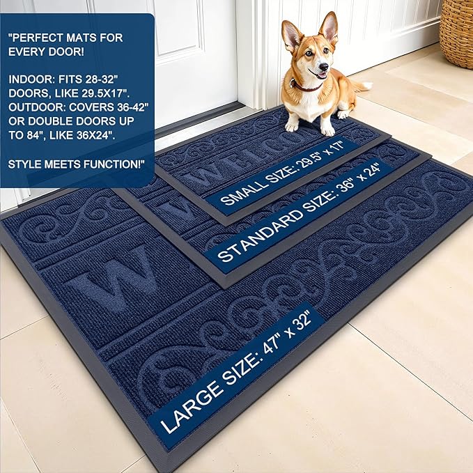 OLANLY Welcome Door Mat Indoor Outdoor Entrance, Heavy Duty Sturdy Front Door Mat, Waterproof All-Weather Doormat, Stain Resistant, Low Profile, Easy Clean Patio Entryway Mat, 29.5 x 17, Navy Blue