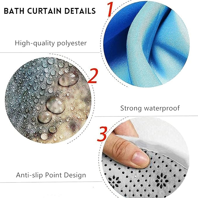 Yddsky 4 Pcs Blue Geometric Shower Curtain Sets with Rugs Blue Bathroom Sets with Shower Curtain and Rugs Modern Bathroom Curtains Shower Set with Toilet Lid Cover for Bathroom Decor Accessories
