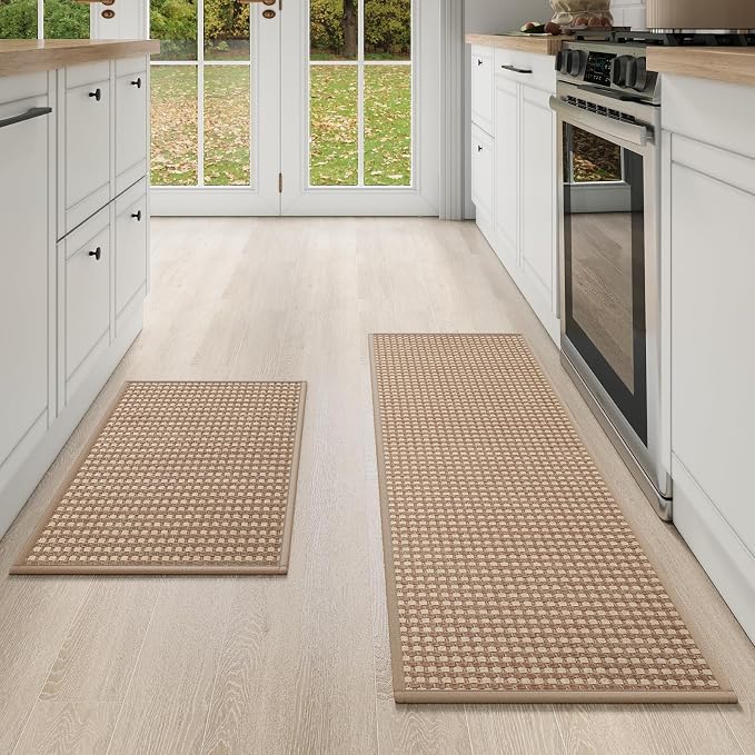YDKGL Kitchen Mat Kitchen Rugs Sets of 2 PCS Non Slip Washable, Super Absorbent Soft Braided Kitchen Mats for Floor, Rubber Backing Comfort Standing Kitchen Sink Mat Runner Rug, Brown 17"x30"+17"x47"